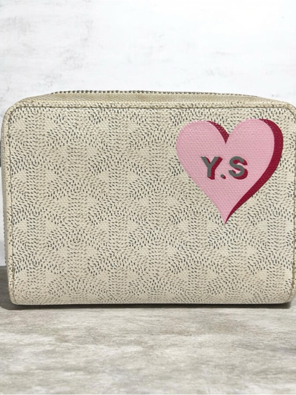 Goyard Cream Zip Wallet with Pink Heart Initials